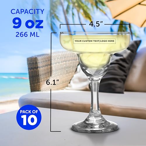 DISCOUNT PROMOS 10 Margarita Glasses Set, 9 oz. - Personalized Text, Logo - Classic, Smooth, Barware, Glassware - Clear - My Kitchen Products