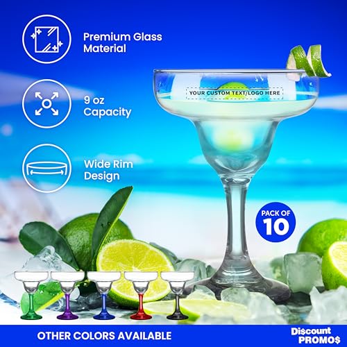 DISCOUNT PROMOS 10 Margarita Glasses Set, 9 oz. - Personalized Text, Logo - Classic, Smooth, Barware, Glassware - Clear - My Kitchen Products