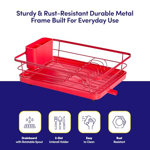 Dish Drying Rack 3 Piece Dish Drainer with Drainboard Set for Kitchen Counter ✅– Dish Rack with Removable Utensil Holder & Swivel Spout for Countertop ✅– DishRack for Plates, Cups & Organization, Red - My Kitchen Products
