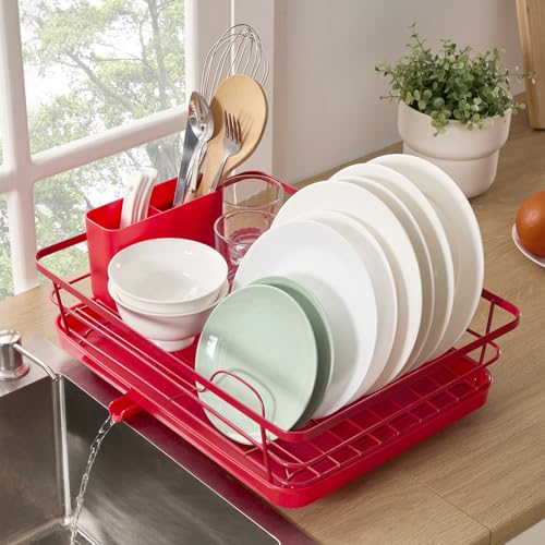 Dish Drying Rack 3 Piece Dish Drainer with Drainboard Set for Kitchen Counter ✅– Dish Rack with Removable Utensil Holder & Swivel Spout for Countertop ✅– DishRack for Plates, Cups & Organization, Red - My Kitchen Products