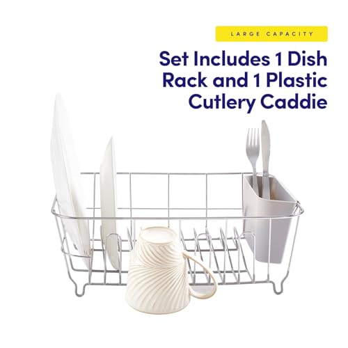 Dish Drying Rack & Cutlery Holder 2 Piece Set - Compact Sink-Fitting Dish Drainer with Rubberized Undercoating, Space-Saving Kitchen Organizer for Plates, Cups, Bowls & Utensils in Sink, Silver - My Kitchen Products