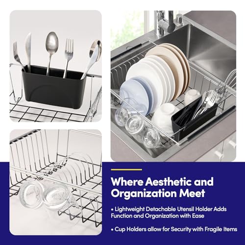 Dish Drying Rack Over The Sink Expandable to 24.5" Dish Drainer — Space-Saving Rectangular Kitchen Extending Drying Station with Utensil Holder, Fits Most Sinks for Easy Dish Organization, Black - My Kitchen Products