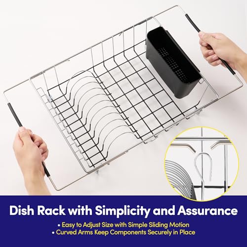 Dish Drying Rack Over The Sink Expandable to 24.5" Dish Drainer — Space-Saving Rectangular Kitchen Extending Drying Station with Utensil Holder, Fits Most Sinks for Easy Dish Organization, Black - My Kitchen Products