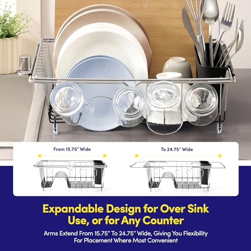 Dish Drying Rack Over The Sink Expandable to 24.5" Dish Drainer — Space-Saving Rectangular Kitchen Extending Drying Station with Utensil Holder, Fits Most Sinks for Easy Dish Organization, Black - My Kitchen Products