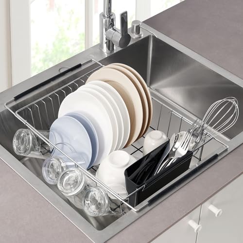 Dish Drying Rack Over The Sink Expandable to 24.5" Dish Drainer — Space-Saving Rectangular Kitchen Extending Drying Station with Utensil Holder, Fits Most Sinks for Easy Dish Organization, Black - My Kitchen Products
