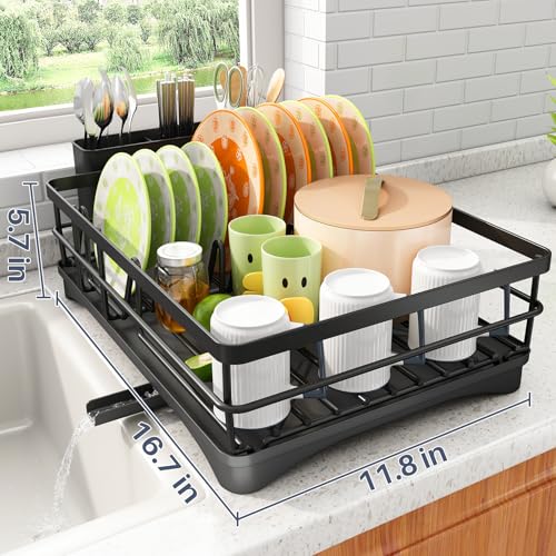 Dish Drying Rack - Rust Resistant Dish Drainer for Kitchen Counter with Drainboard & Rotating Spout, Large-Capacity Dish Rack with Removable Utensil Holder, Space-saving kitchen organizer, Black - My Kitchen Products