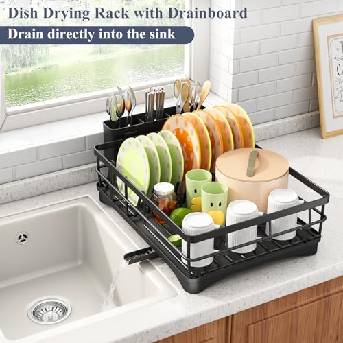 Dish Drying Rack - Rust Resistant Dish Drainer for Kitchen Counter with Drainboard & Rotating Spout, Large-Capacity Dish Rack with Removable Utensil Holder, Space-saving kitchen organizer, Black - My Kitchen Products