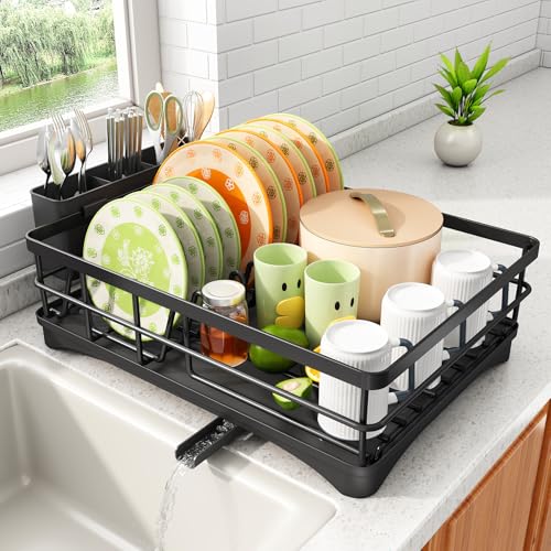 Dish Drying Rack - Rust Resistant Dish Drainer for Kitchen Counter with Drainboard & Rotating Spout, Large-Capacity Dish Rack with Removable Utensil Holder, Space-saving kitchen organizer, Black - My Kitchen Products