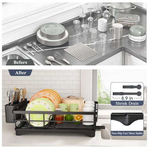 Dish Drying Rack - Rust Resistant Dish Drainer for Kitchen Counter with Drainboard & Rotating Spout, Large-Capacity Dish Rack with Removable Utensil Holder, Space-saving kitchen organizer, Black - My Kitchen Products