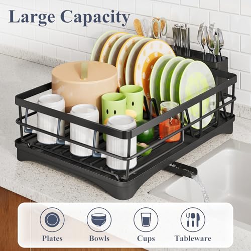 Dish Drying Rack - Rust Resistant Dish Drainer for Kitchen Counter with Drainboard & Rotating Spout, Large-Capacity Dish Rack with Removable Utensil Holder, Space-saving kitchen organizer, Black - My Kitchen Products