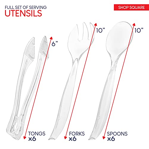 Disposable Plastic Serving Utensils - Set of 18 Clear Buffet Serving Utensils, 6 Each 6" Tongs, 10” Spoons, 10” Forks - My Kitchen Products