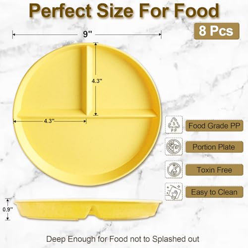 Divided Plates for Adults (8 Packs), Unbreakable Portion Control Plate Sectioned with Dividers, 9 Inch Plastic Food Separator Dinner Plates Lightweight Compartment BPA Free Reusable Microwave Safe - My Kitchen Products