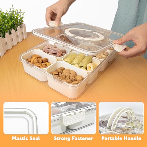 Divided Serving Tray with Lid and Handle,8 Compartments Snacks Box,Snack Fruit Tray,Veggie Tray,Portable Platter for Candy Fruits Nuts Snack Party Entertaining Picnic(2 PCS) - My Kitchen Products