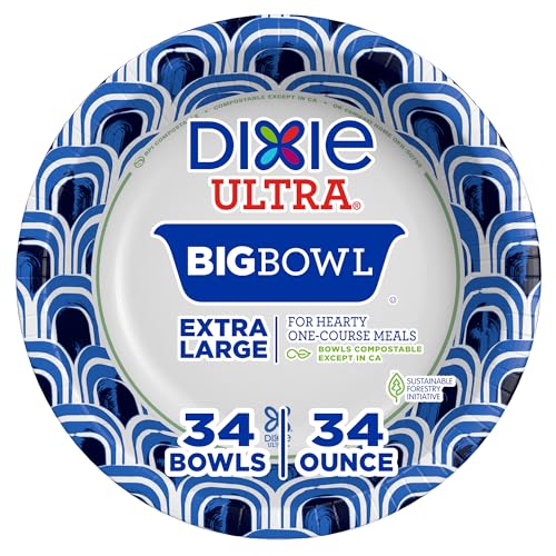 Dixie Ultra Extra Large Paper Bowls, 34 oz, 34 Count, Compostable, Microwave Safe, Disposable Bowls for Heavy Meals