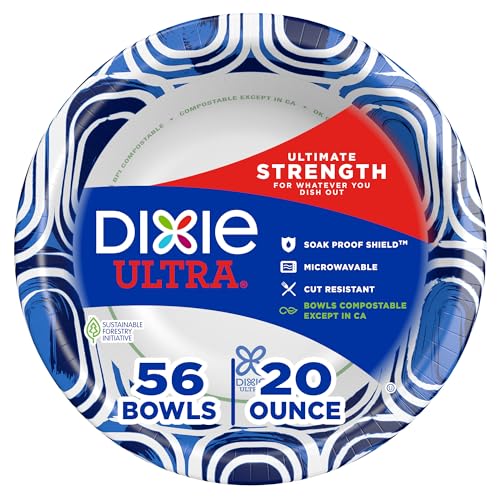 Dixie Ultra, Large Paper Bowls, 20 Oz, 56 Count, Microwave Safe, Compostable, Disposable Bowls Great For Breakfast