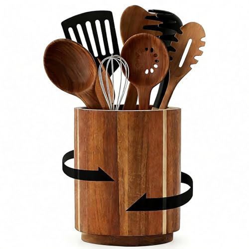 Dobyusf Acacia Wood Utensil Holder, 360° Rotating Countertop Organizer with Non-Slip
