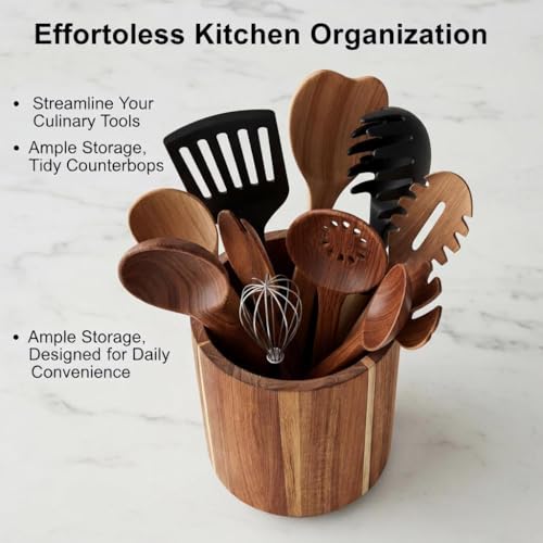 Dobyusf Acacia Wood Utensil Holder - 360° Rotating Countertop Organizer with Non-Slip Base, Large Capacity Kitchen Utensil Crock for Spatula, Spoon & Cooking Tools - My Kitchen Products