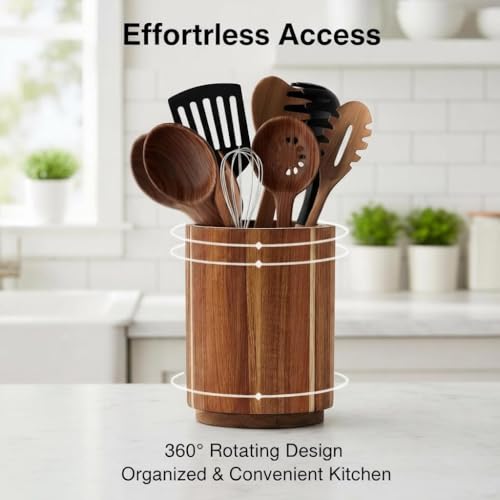 Dobyusf Acacia Wood Utensil Holder - 360° Rotating Countertop Organizer with Non-Slip Base, Large Capacity Kitchen Utensil Crock for Spatula, Spoon & Cooking Tools - My Kitchen Products