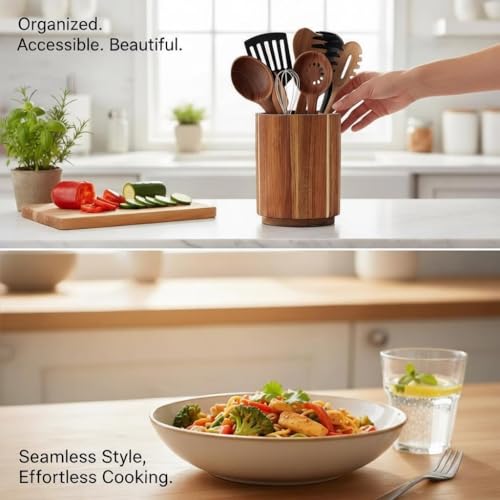Dobyusf Acacia Wood Utensil Holder - 360° Rotating Countertop Organizer with Non-Slip Base, Large Capacity Kitchen Utensil Crock for Spatula, Spoon & Cooking Tools - My Kitchen Products