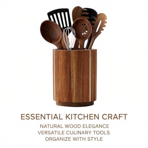 Dobyusf Acacia Wood Utensil Holder - 360° Rotating Countertop Organizer with Non-Slip Base, Large Capacity Kitchen Utensil Crock for Spatula, Spoon & Cooking Tools - My Kitchen Products