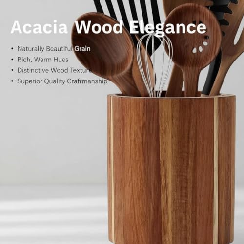 Dobyusf Acacia Wood Utensil Holder - 360° Rotating Countertop Organizer with Non-Slip Base, Large Capacity Kitchen Utensil Crock for Spatula, Spoon & Cooking Tools - My Kitchen Products
