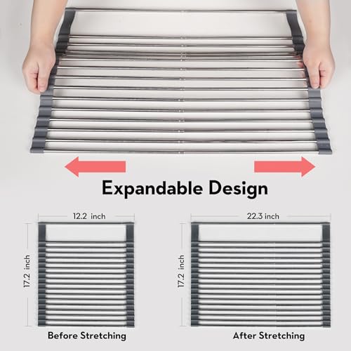 Dolreiik Roll Up Dish Drying Rack Over The Sink, 304 Stainless Stee Dish Drainer, Foldable & Adjustable Sink Drying Rack for Kitchen Sink Counter with Utensil Holder (Gray, Roll Up,Medium,Expandable) - My Kitchen Products