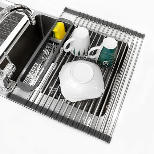 Dolreiik Roll Up Dish Drying Rack Over The Sink, 304 Stainless Stee Dish Drainer, Foldable & Adjustable Sink Drying Rack for Kitchen Sink Counter with Utensil Holder (Gray, Roll Up,Medium,Expandable) - My Kitchen Products