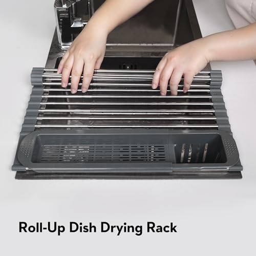 Dolreiik Roll Up Dish Drying Rack Over The Sink, 304 Stainless Stee Dish Drainer, Foldable & Adjustable Sink Drying Rack for Kitchen Sink Counter with Utensil Holder (Gray, Roll Up,Medium,Expandable) - My Kitchen Products