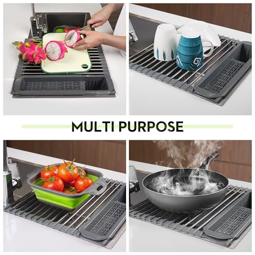 Dolreiik Roll Up Dish Drying Rack Over The Sink, 304 Stainless Stee Dish Drainer, Foldable & Adjustable Sink Drying Rack for Kitchen Sink Counter with Utensil Holder (Gray, Roll Up,Medium,Expandable) - My Kitchen Products