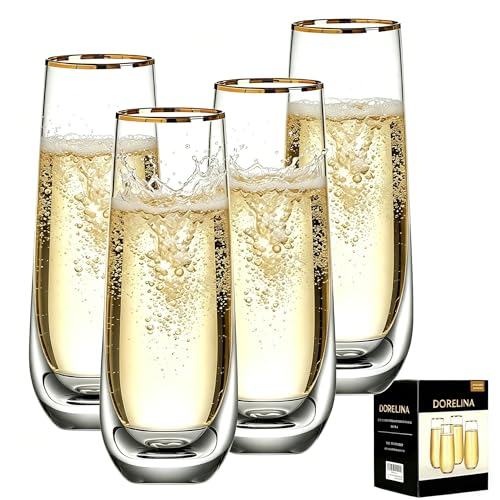 DORELINA Stemless Champagne Flutes Set of 4, Gold Rim Champagne Glasses, Best Gift, Clear, D1002