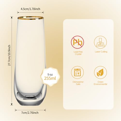 DORELINA Stemless Champagne Flutes Set of 4, Gold Rim Champagne Glasses, Best Gift, Clear, D1002 - My Kitchen Products