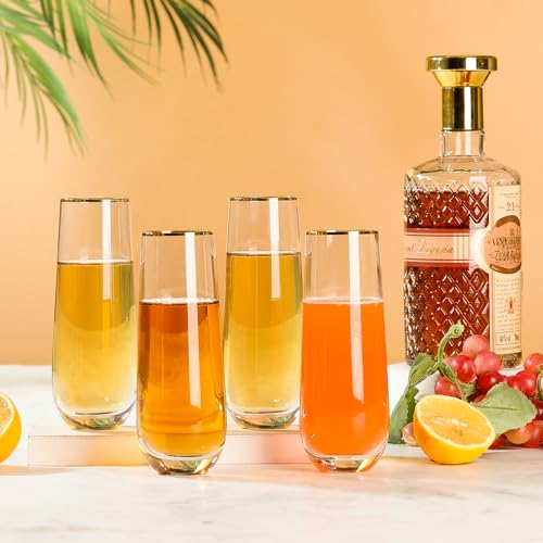 DORELINA Stemless Champagne Flutes Set of 4, Gold Rim Champagne Glasses, Best Gift, Clear, D1002 - My Kitchen Products
