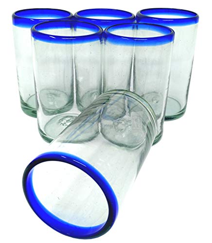 Dos Sueños Hand Blown Mexican Drinking Glasses - Set of 6 Glasses with Cobalt Blue Rims (14 oz each) - My Kitchen Products