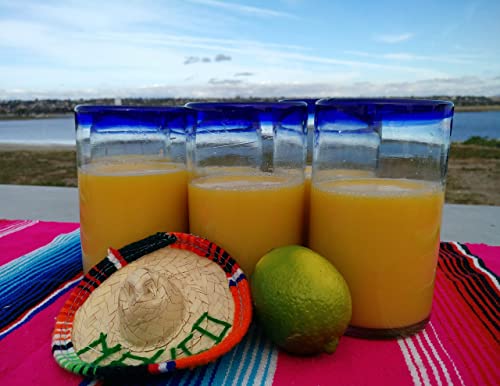 Dos Sueños Hand Blown Mexican Drinking Glasses - Set of 6 Glasses with Cobalt Blue Rims (14 oz each) - My Kitchen Products