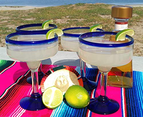 Dos Sueños Mexican Hand Blown Glass - Set of 4 Hand Blown Margarita Glasses - Cobalt Blue Rim (16 oz) - My Kitchen Products