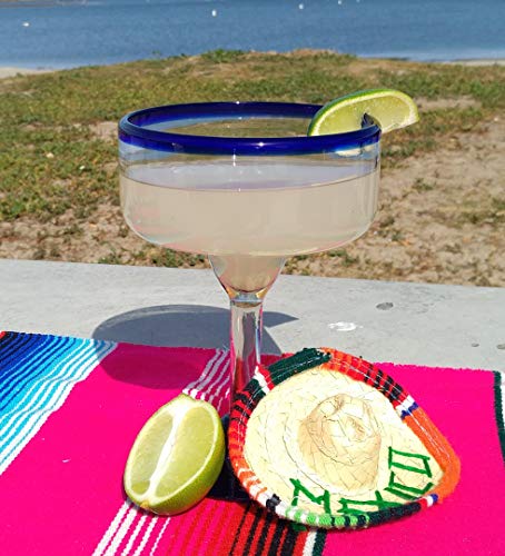 Dos Sueños Mexican Hand Blown Glass - Set of 4 Hand Blown Margarita Glasses - Cobalt Blue Rim (16 oz) - My Kitchen Products