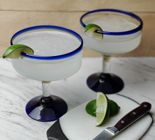 Dos Sueños Mexican Hand Blown Glass - Set of 4 Hand Blown Margarita Glasses - Cobalt Blue Rim (16 oz) - My Kitchen Products
