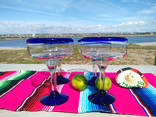 Dos Sueños Mexican Hand Blown Glass - Set of 4 Hand Blown Margarita Glasses - Cobalt Blue Rim (16 oz) - My Kitchen Products