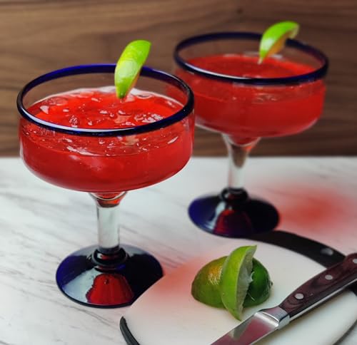 Dos Sueños Mexican Hand Blown Glass - Set of 4 Hand Blown Margarita Glasses - Cobalt Blue Rim (16 oz) - My Kitchen Products