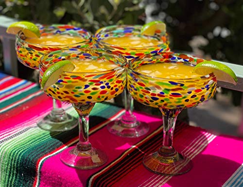 Dos Sueños Mexican Hand Blown Glass – Set of 4 Hand Blown Margarita Glasses Confetti Rock (16 oz) … - My Kitchen Products