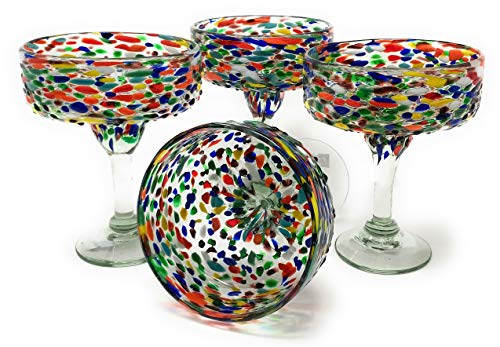 Dos Sueños Mexican Hand Blown Glass - Set of 4 Hand Blown Margarita Glasses Confetti Rock (16 oz) …