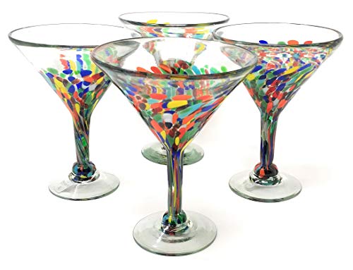 Dos Sueños Mexican Hand Blown Glass – Set of 4 Hand Blown Modern Margarita Glasses - Confetti Carmen (12 oz) - My Kitchen Products