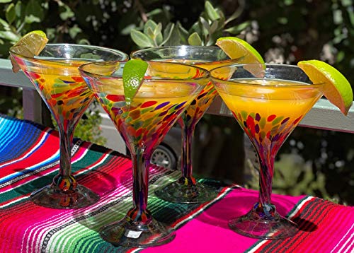 Dos Sueños Mexican Hand Blown Glass – Set of 4 Hand Blown Modern Margarita Glasses - Confetti Carmen (12 oz) - My Kitchen Products