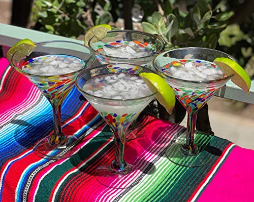 Dos Sueños Mexican Hand Blown Glass – Set of 4 Hand Blown Modern Margarita Glasses - Confetti Carmen (12 oz) - My Kitchen Products