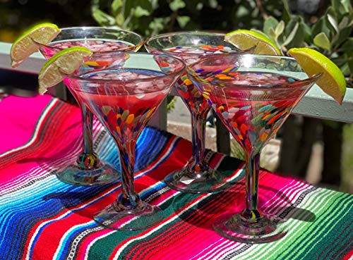 Dos Sueños Mexican Hand Blown Glass – Set of 4 Hand Blown Modern Margarita Glasses - Confetti Carmen (12 oz) - My Kitchen Products