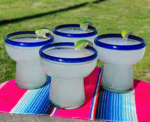 Dos Sueños Mexican Hand Blown Glass – Set of 4 Hand Blown Stemless Blue Rim Margarita Glasses (14oz) - My Kitchen Products
