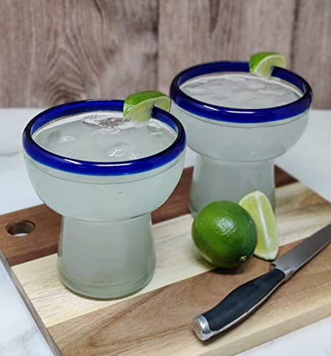 Dos Sueños Mexican Hand Blown Glass – Set of 4 Hand Blown Stemless Blue Rim Margarita Glasses (14oz) - My Kitchen Products