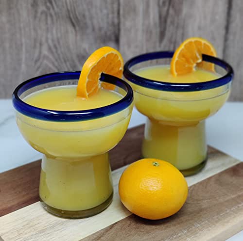 Dos Sueños Mexican Hand Blown Glass – Set of 4 Hand Blown Stemless Blue Rim Margarita Glasses (14oz) - My Kitchen Products