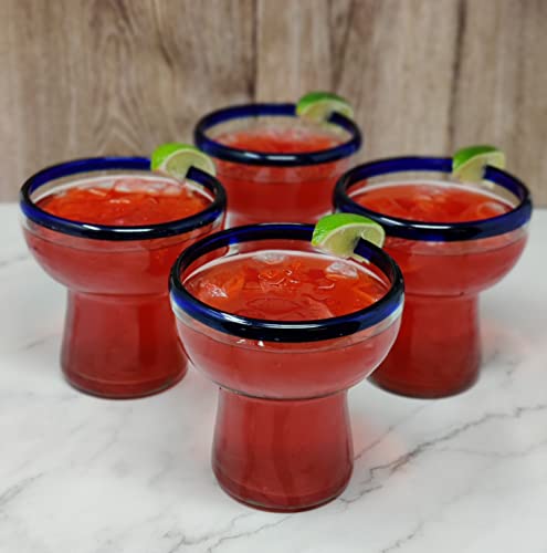 Dos Sueños Mexican Hand Blown Glass – Set of 4 Hand Blown Stemless Blue Rim Margarita Glasses (14oz) - My Kitchen Products