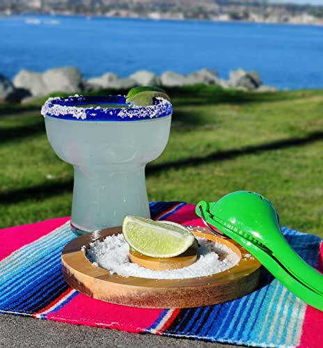 Dos Sueños Mexican Hand Blown Glass – Set of 4 Hand Blown Stemless Blue Rim Margarita Glasses (14oz) - My Kitchen Products